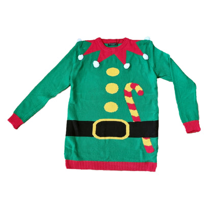 A green Christmas elf sweater with red trim, yellow buttons, a black belt with a gold buckle, and a red-and-yellow candy cane graphic on the front, shown on a plain white background.