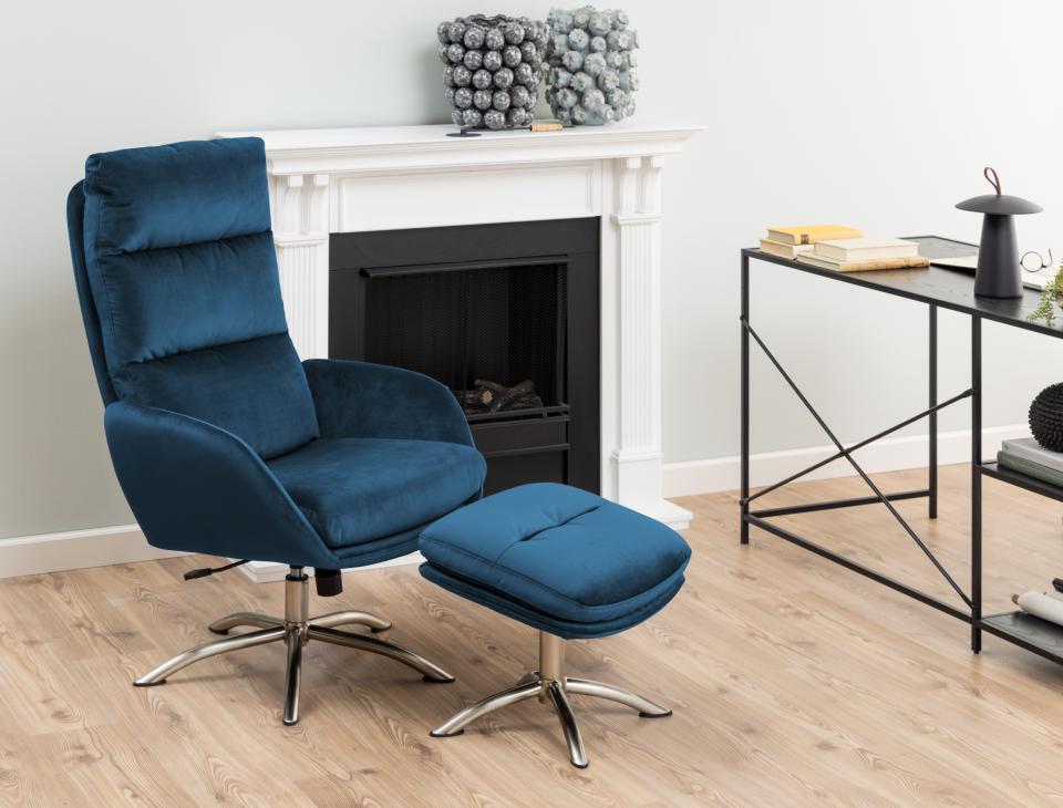 Comfort Lounger Haddam Blue Fabric Recliner Resting Chair With Stool And Swivel Function