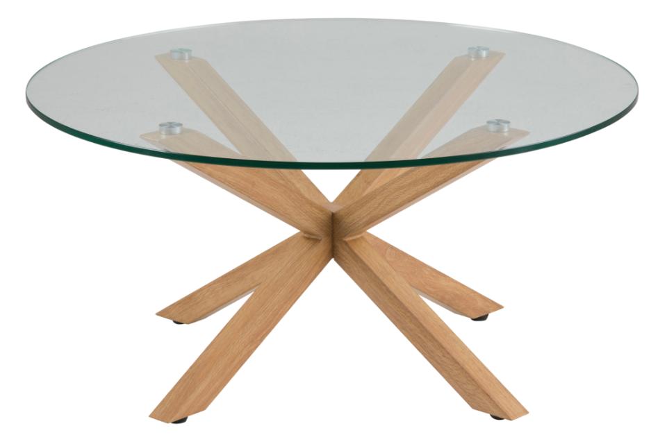 a heaven clear glass coffee table with an oak foil metal base on a white background