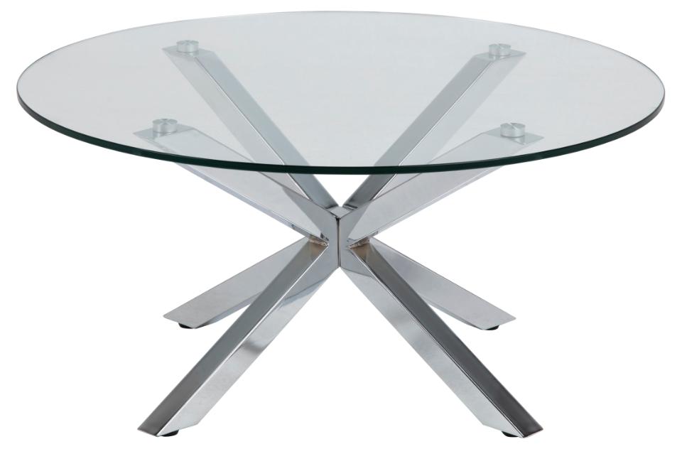 a clear glass Heaven coffee table by Homestreet with a silver cross metal base on a white background
