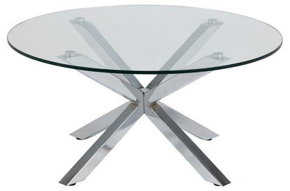 a clear glass Heaven coffee table by Homestreet with a silver cross metal base on a white background