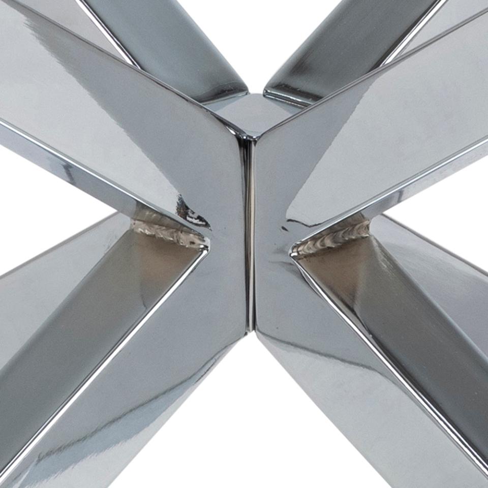 centre of a coffee table base showing silver metal construction