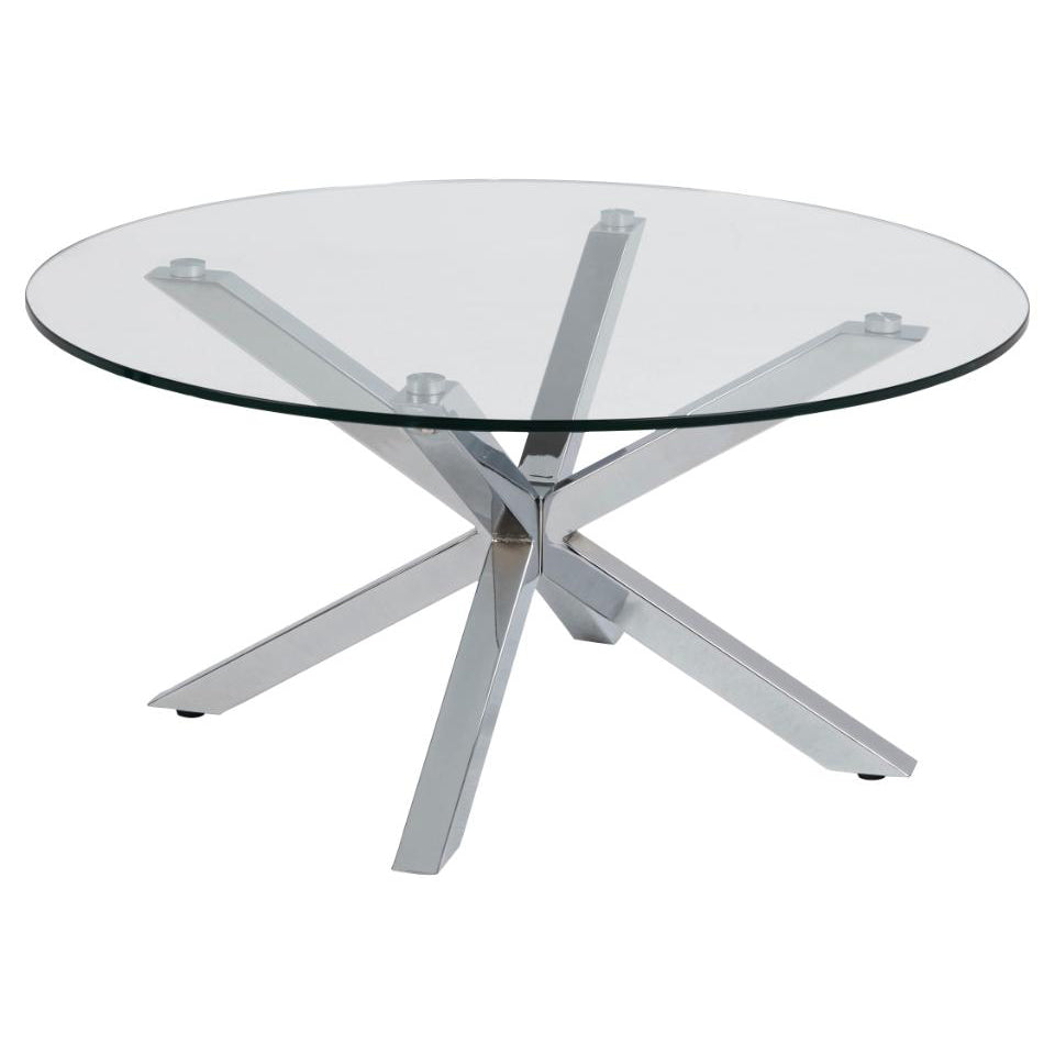 Round glass coffee table with a chrome metal base and cross-legged design.