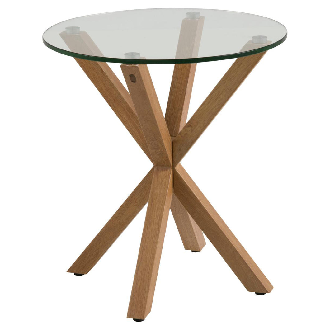 Exclusive Design Heaven Cross Leg Round Glass Side Lamp Table With An Oak Foil Metal Base 50x50x55cm