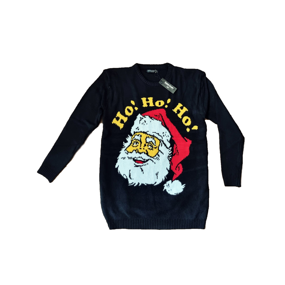 a black sweater with a colourful Santa face on the front and the words 'Ho! Ho! Ho!' on a white background