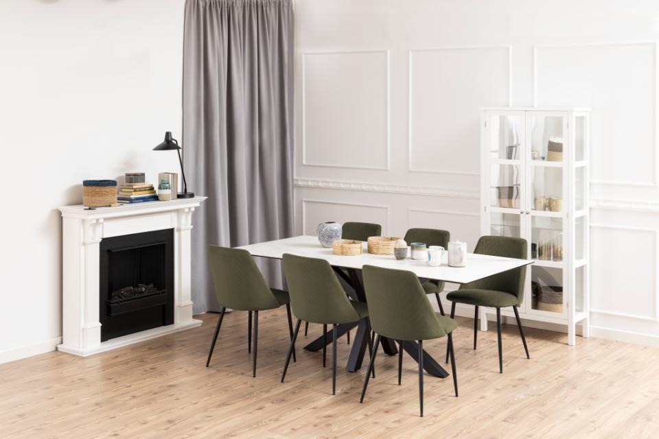 Ines Luxury Fabric Dining Chair In Olive Green With Black Metal Legs, Set Of 4 Chairs