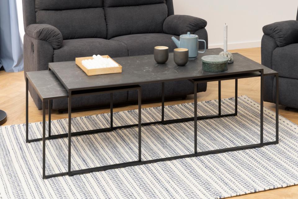 Infinity 3pc Coffee Table With Black Marble Melamine Top Metal Base, Versatile 3 Table Design 120x60cm