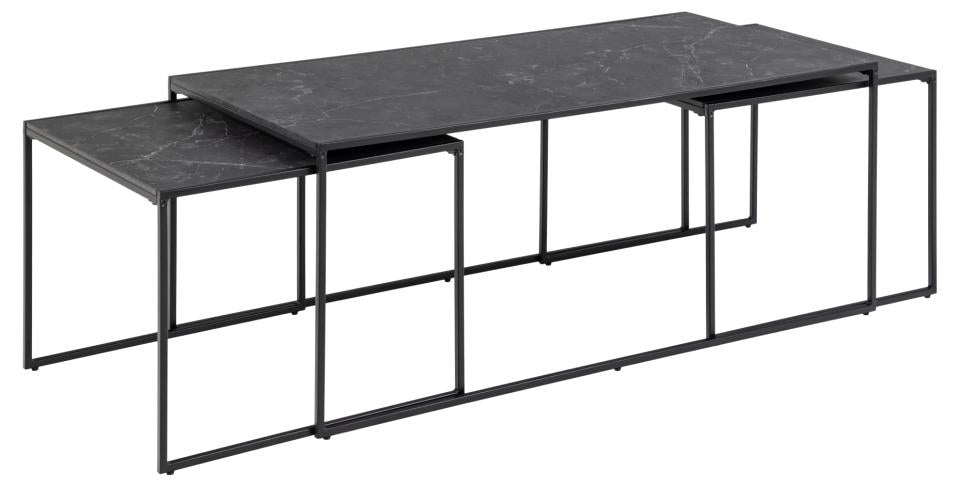 Infinity 3pc Coffee Table With Black Marble Melamine Top Metal Base, Versatile 3 Table Design 120x60cm