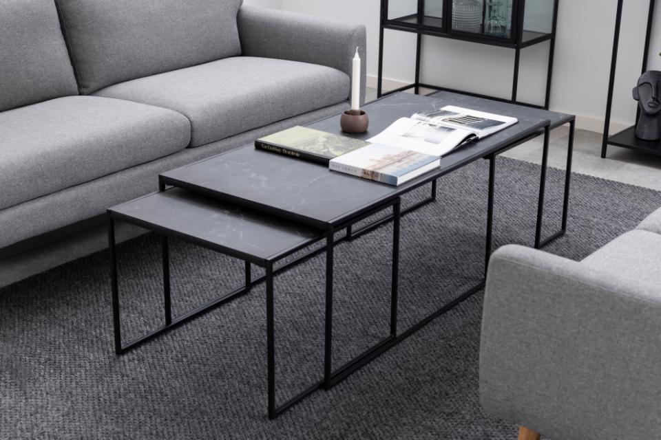 Infinity 3pc Coffee Table With Black Marble Melamine Top Metal Base, Versatile 3 Table Design 120x60cm