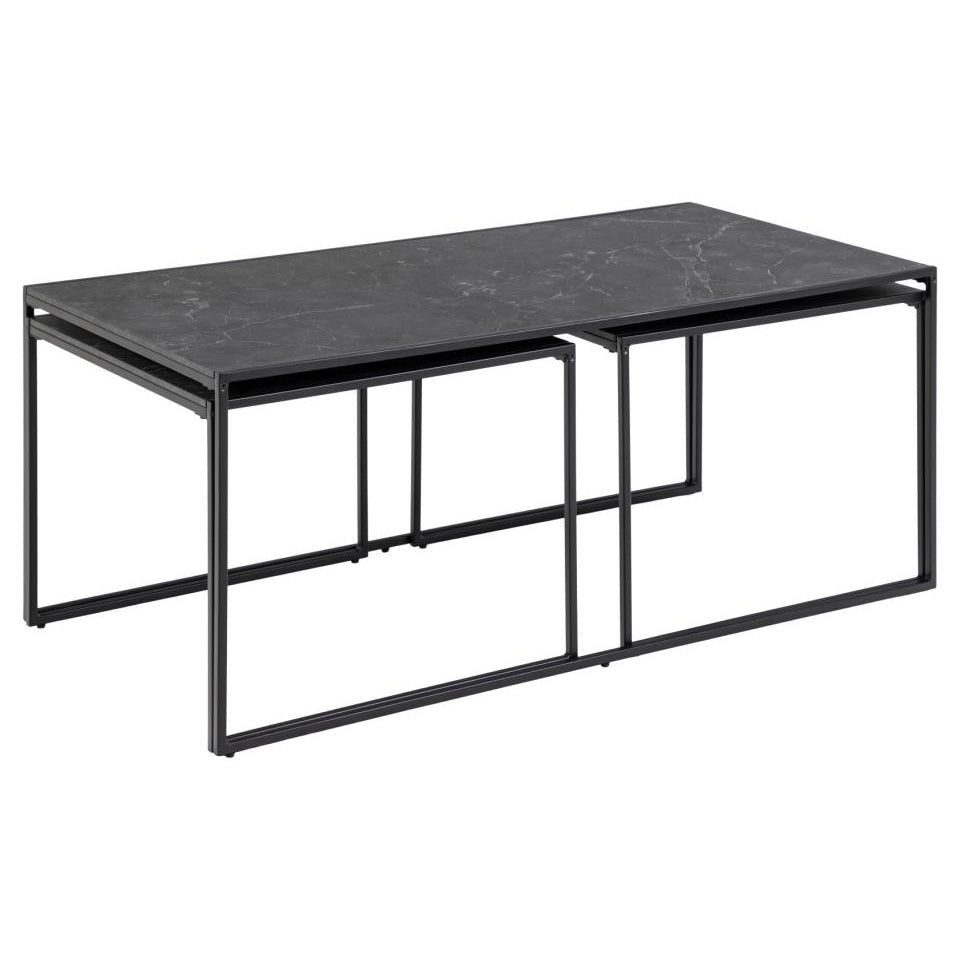 Infinity 3pc Coffee Table With Black Marble Melamine Top Metal Base, Versatile 3 Table Design 120x60cm