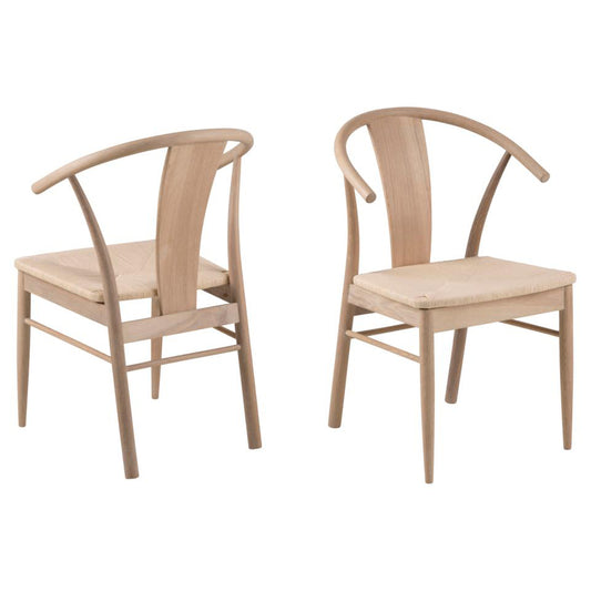 A pair of beige dining chairs with a Scandinavian design, featuring plaited paper rope seats and white oiled oak armrests and frames.