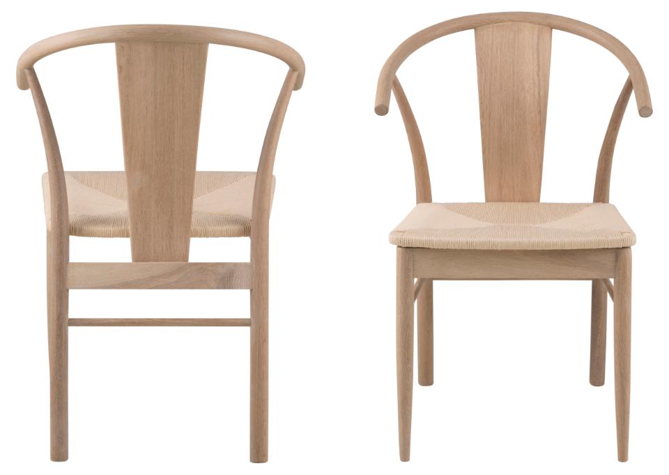 Janik Cream Plaited Paper Rope Designer Dining Chair, Quality White Oiled Oak, Armrests, Set Of 2 Chairs