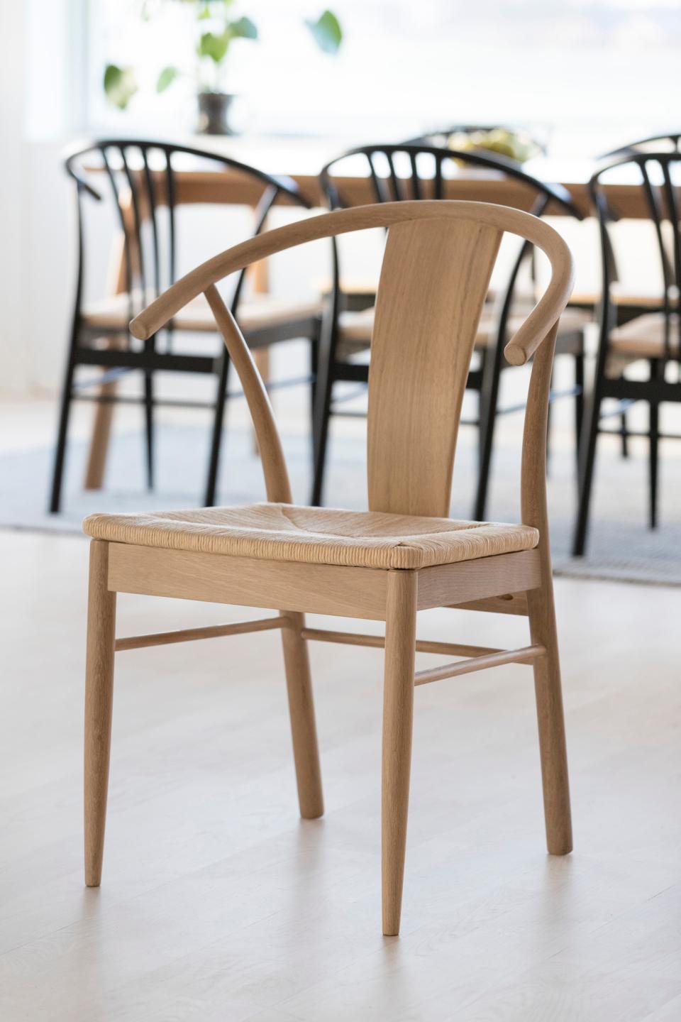 Janik Cream Plaited Paper Rope Designer Dining Chair, Quality White Oiled Oak, Armrests, Set Of 2 Chairs