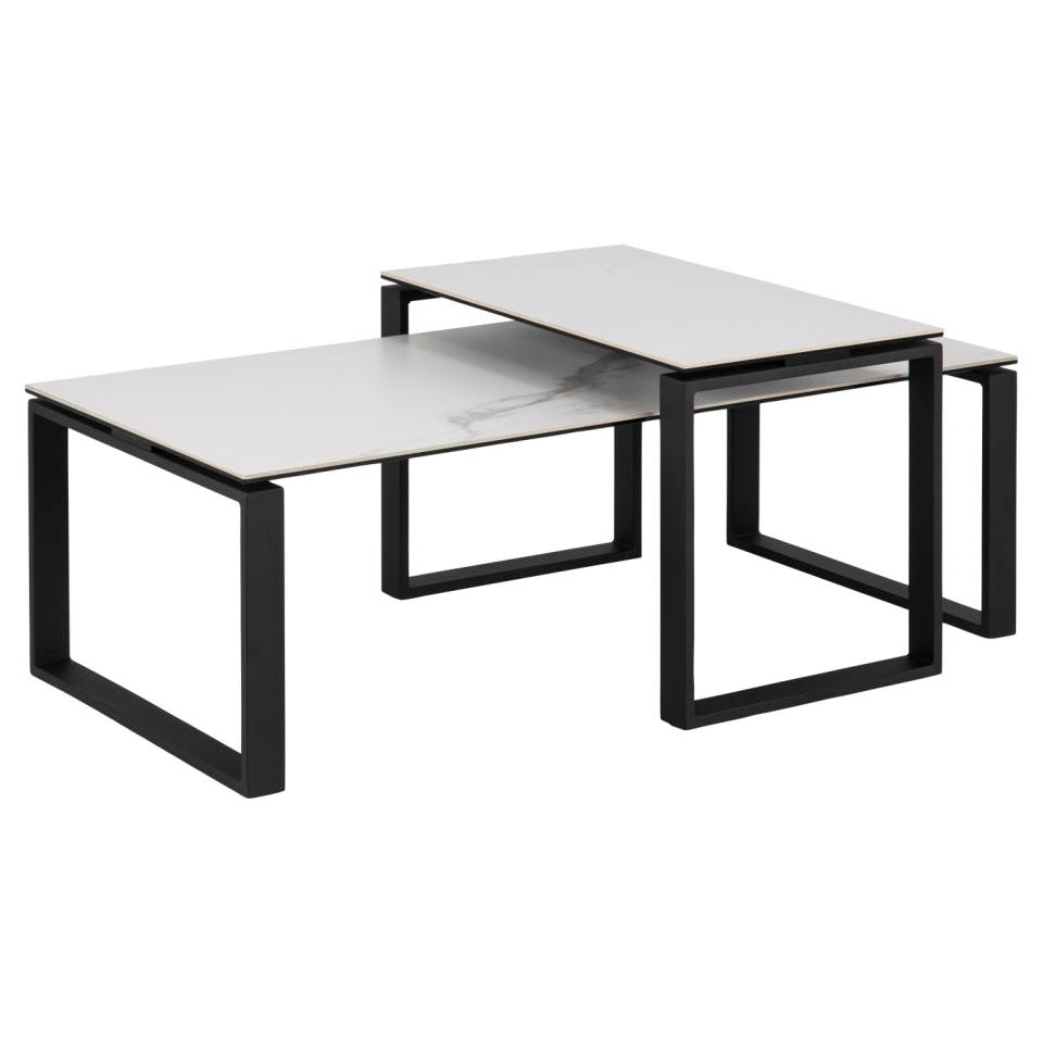 Two moveable rectangle white ceramic Katrine coffee tables with black metal legs.