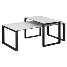 Load image into Gallery viewer, Two moveable rectangle white ceramic Katrine coffee tables with black metal legs.
