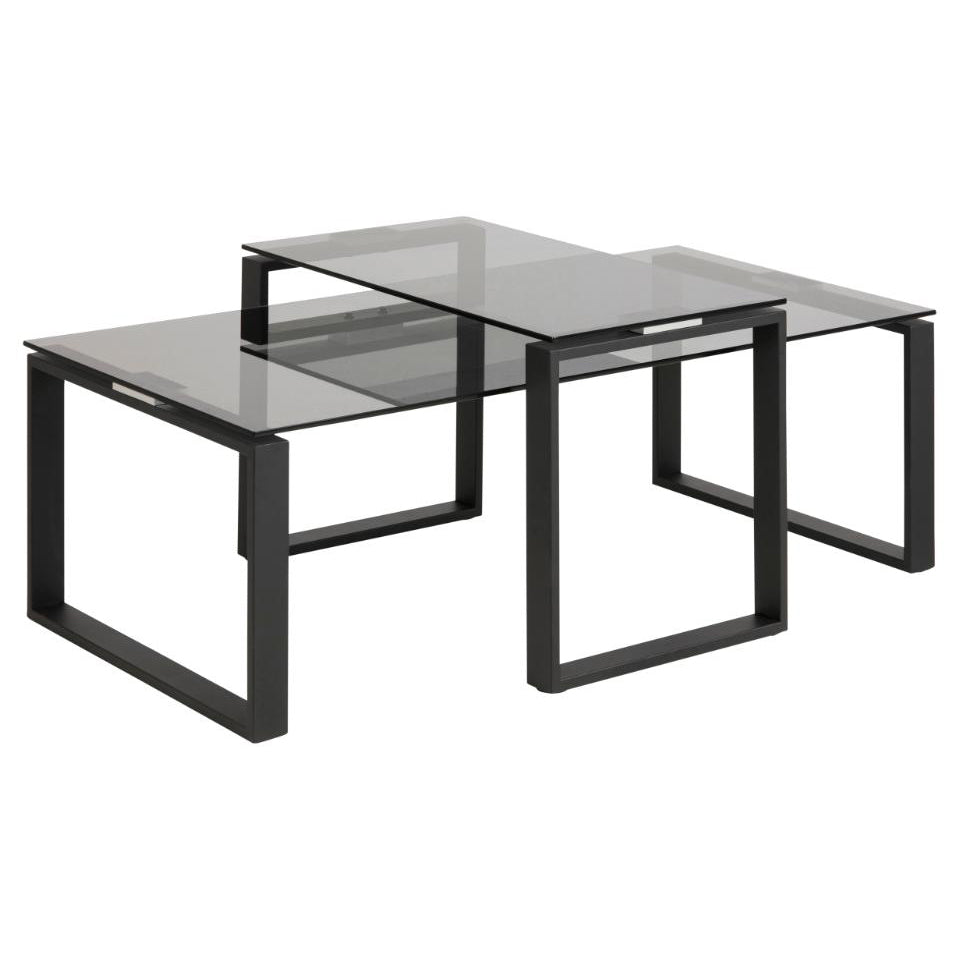 A set of 2 Katrine coffee tables, featuring smoked glass tops and matte black metal bases.