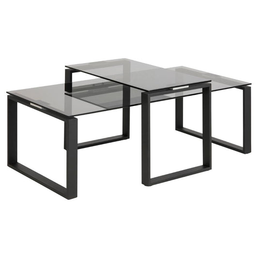A set of 2 Katrine coffee tables, featuring smoked glass tops and matte black metal bases.