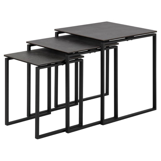 A set of three black square nest of tables with ceramic tops and metal chrome frames.