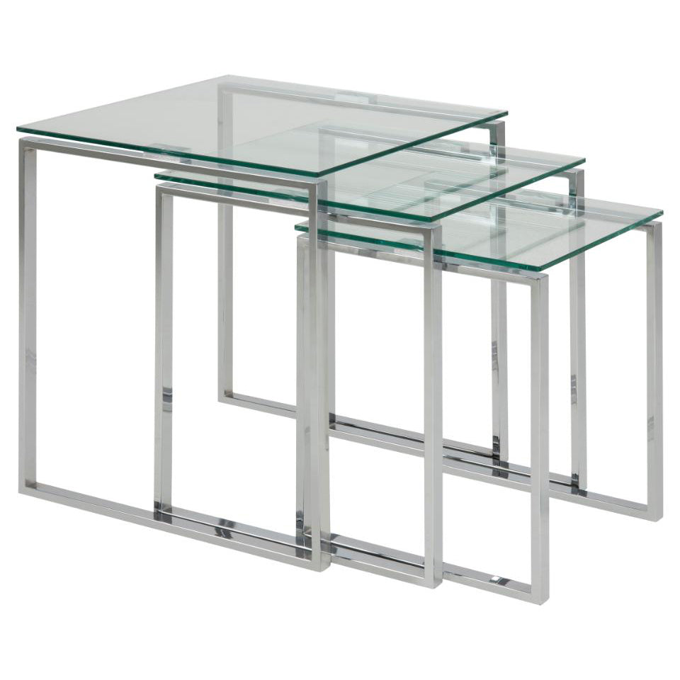 Katrine Nest Of Tables In Clear Glass With Metal Chrome Frames 3pc 50cm