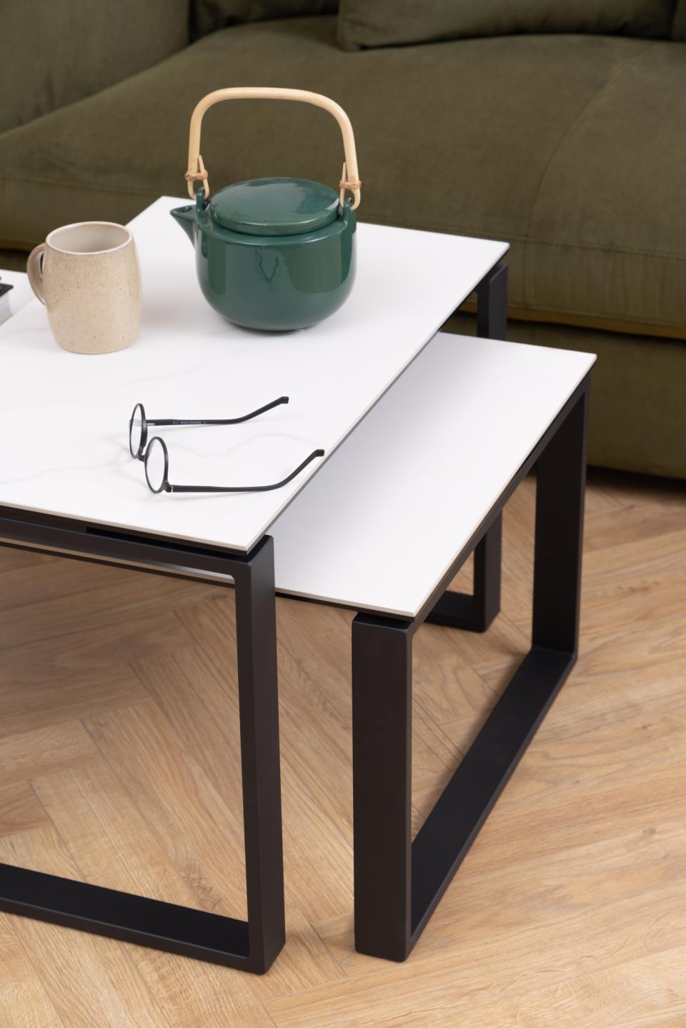 Katrine White Ceramic Coffee Table Set, 2 Moveable Rectangle Tables 115x55cm 69x40cm
