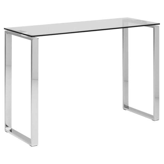 A rectangular console table with a clear glass top and a metal chrome frame.