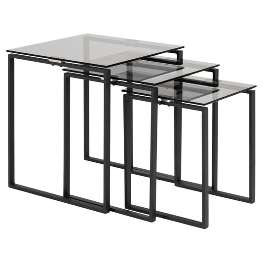 A set of three square nest of tables with smoked glass tops and black chrome frames.
