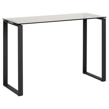 A rectangular console table with a smoked glass top and metal chrome frame.