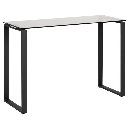 A rectangular console table with a smoked glass top and metal chrome frame.