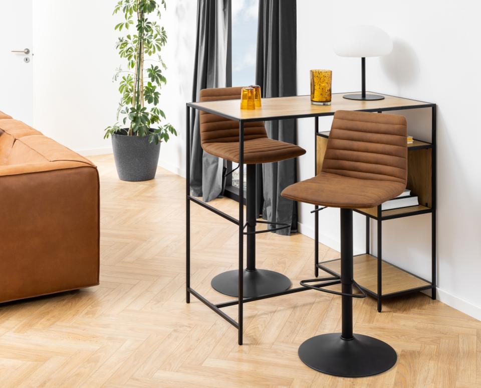 Kimmy Designer Bar Stools, Set Of 2 Brown Fabric Barstools, Adjustable Black Metal Base