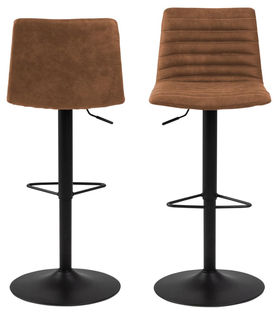 Kimmy Designer Bar Stools, Set Of 2 Brown Fabric Barstools, Adjustable Black Metal Base