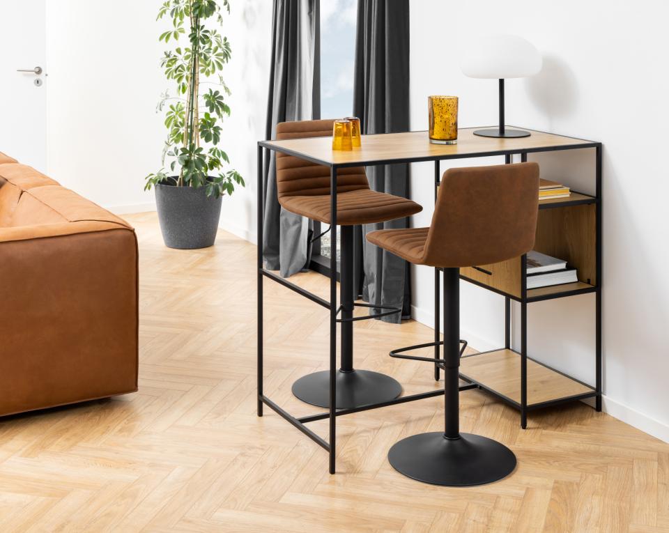 Kimmy Designer Bar Stools, Set Of 2 Brown Fabric Barstools, Adjustable Black Metal Base