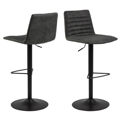 Kimmy Designer Bar Stools, Set Of 2 With Grey Fabric And Adjustable Black Metal Base