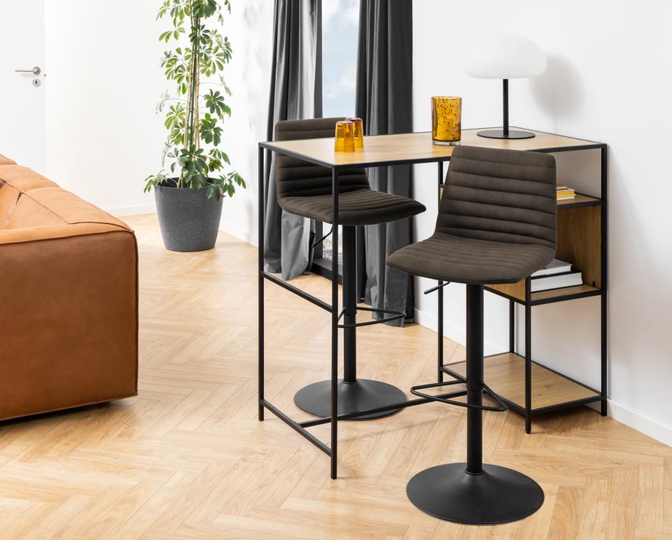 Kimmy Designer Bar Stools, Set Of 2 With Grey Fabric And Adjustable Black Metal Base