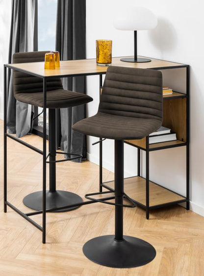 Kimmy Designer Bar Stools, Set Of 2 With Grey Fabric And Adjustable Black Metal Base