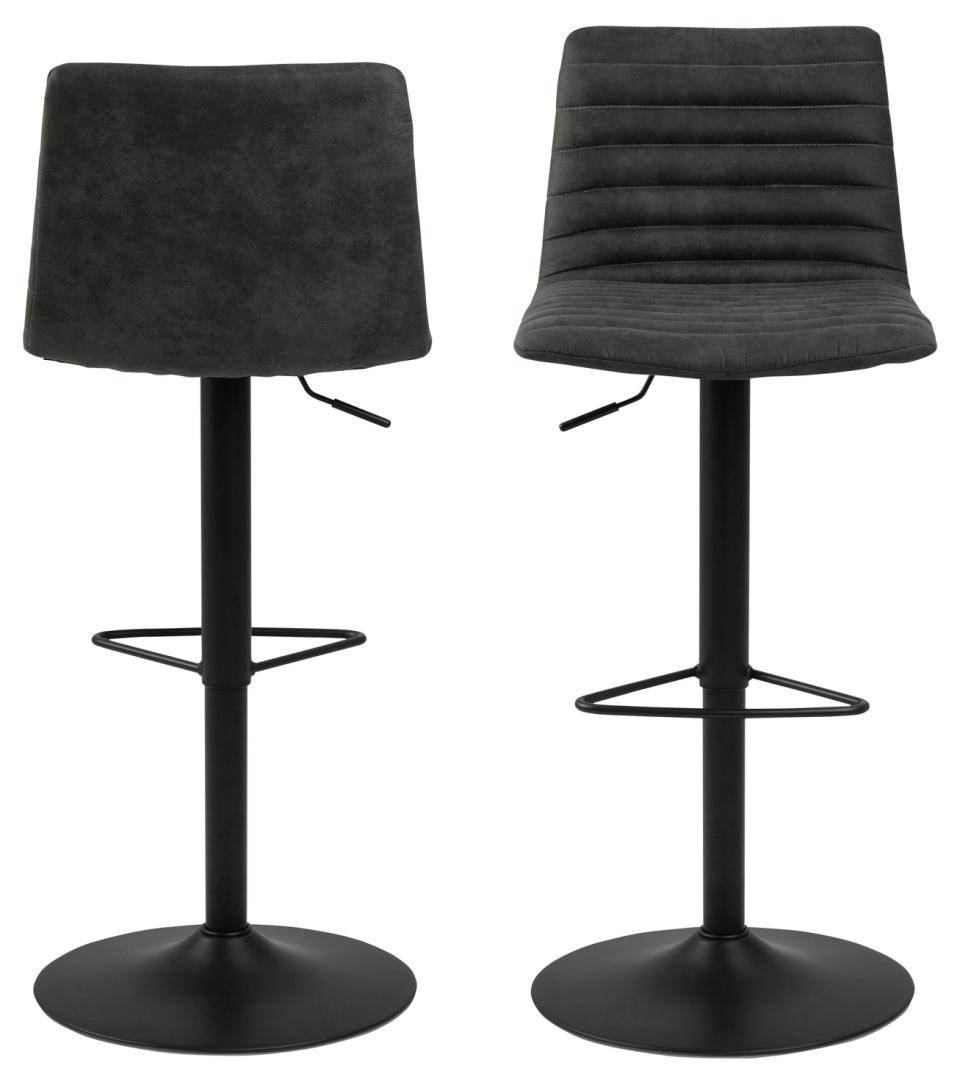 Kimmy Designer Bar Stools, Set Of 2 With Grey Fabric And Adjustable Black Metal Base