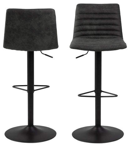 Kimmy Designer Bar Stools, Set Of 2 With Grey Fabric And Adjustable Black Metal Base