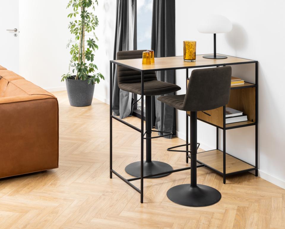 Kimmy Designer Bar Stools, Set Of 2 With Grey Fabric And Adjustable Black Metal Base