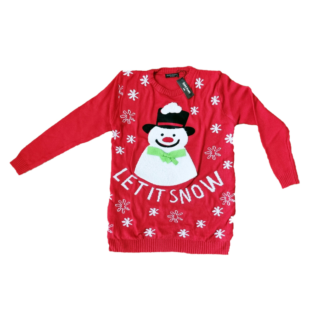 a red Christmas jumper or seter with a snowman on the front with the words 'let it snow' on a white background
