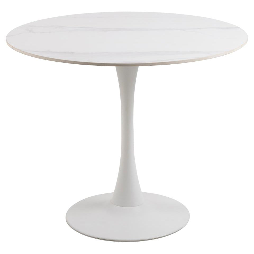 A round white ceramic dining table with a solid curve metal base.