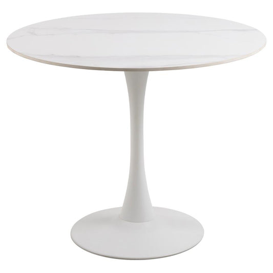 A round white ceramic dining table with a solid curve metal base.