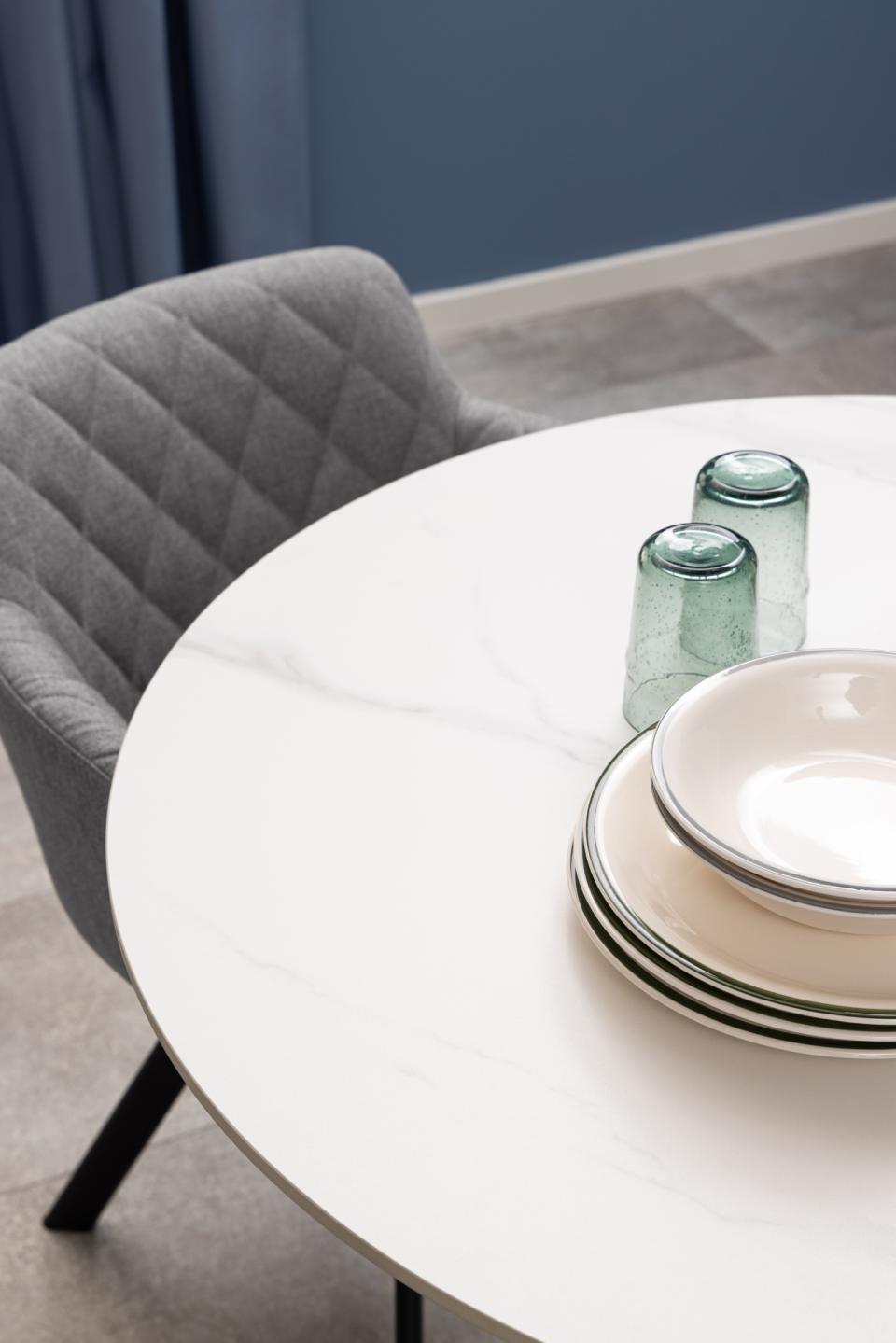 Malta Round White Ceramic Designer Dining Table With Solid Curve Metal Base 90x75cm