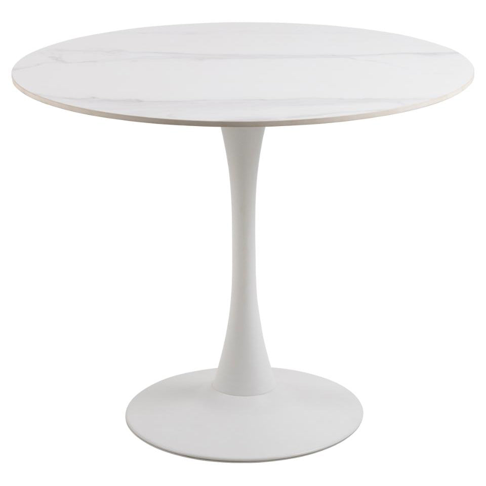 Malta Round White Ceramic Designer Dining Table With Solid Curve Metal Base 90x75cm