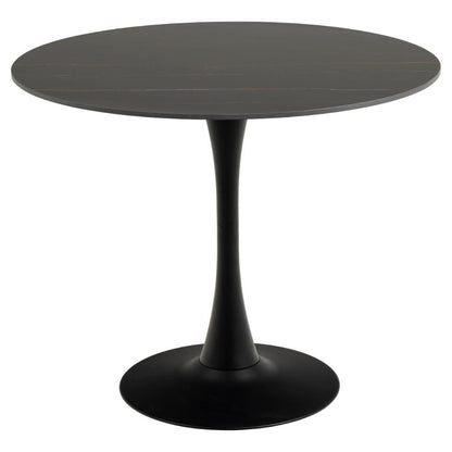Round black ceramic dining table with a single pedestal base, painted in matte black color.
