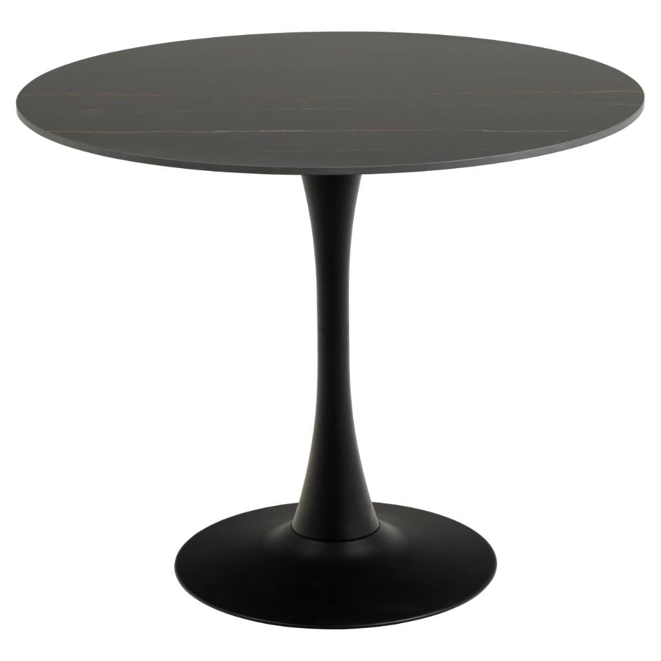 Malta Round Black Ceramic Designer Dining Table Curve Metal Base Marble Look 90x75cm