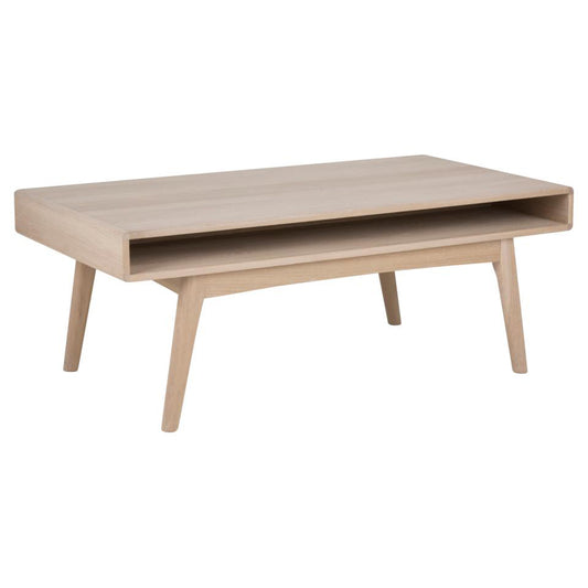 A rectangular Marte oak coffee table with a white pigmented finish, featuring a compartment shelf and resting on angled legs.