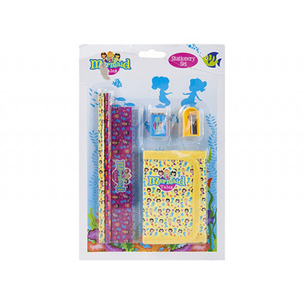 Mermaid Yellow and Pink Wallet and Stationery Set - Wallet, Ruler, Sharpener, Pencils, and Eraser