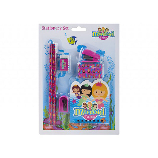 Mermaid Pink Notepad and Stationery Set - Notepad, Sharpener, Pencils, Eraser, Stapler, and Staples