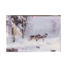 Load image into Gallery viewer, Mini LED Light Up Christmas Hanging Or Standing Canvas Picture 15x10cm 2 wolves Snow Scene
