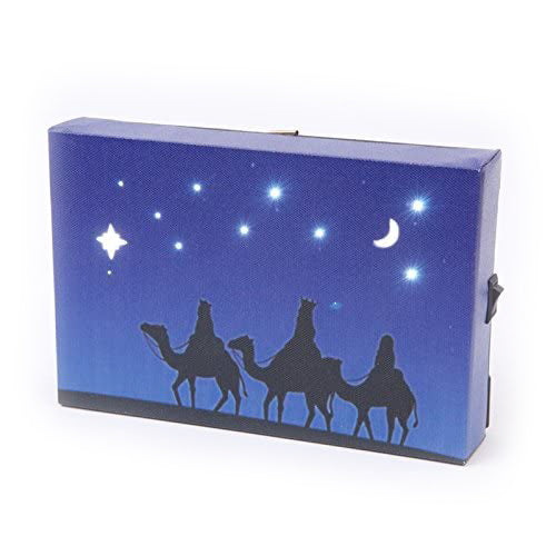 Mini LED Light Up Christmas Hanging Or Standing Canvas Picture 15x10cm 3 Wise Men Camels Scene