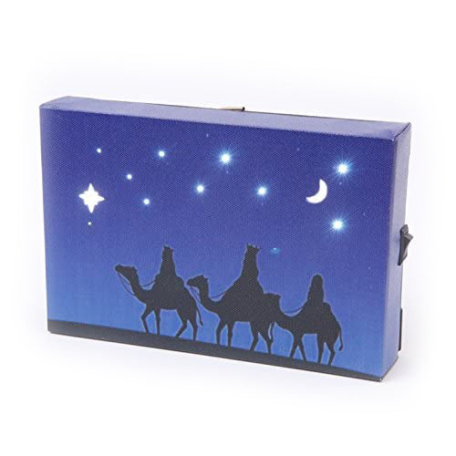 Mini LED Light Up Christmas Hanging Or Standing Canvas Picture 15x10cm 3 Wise Men Camels Scene
